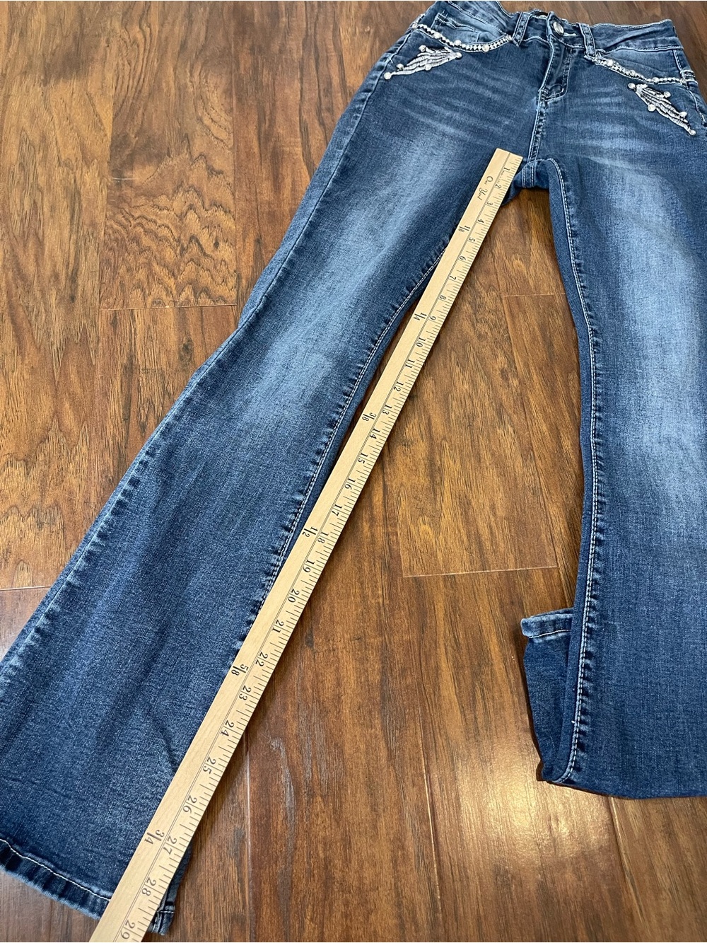 Sky Women's Boot Cut Jeans - Dark Blue with Embellished Skull Pocket - Picture 7 of 9